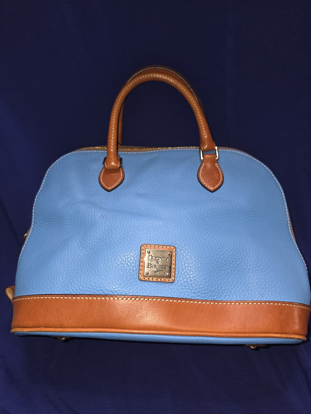Dooney & Bourke Blue Leather Satchel with Tan Trim